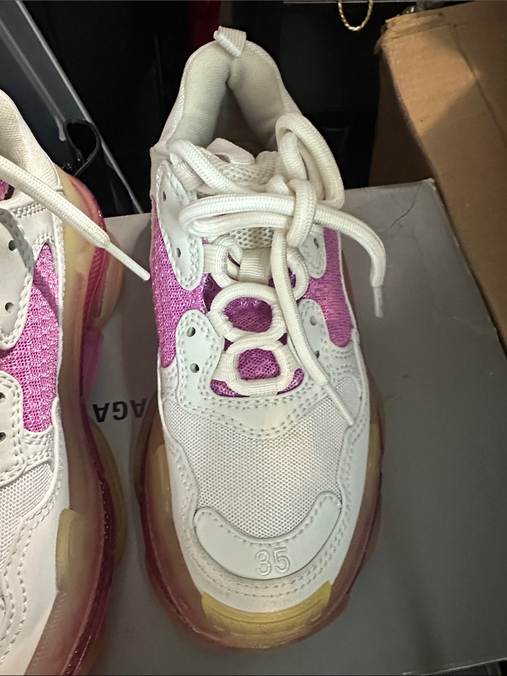 Balenciaga White and Pink Triple S Chunky Sneakers - Picture 5 of 16